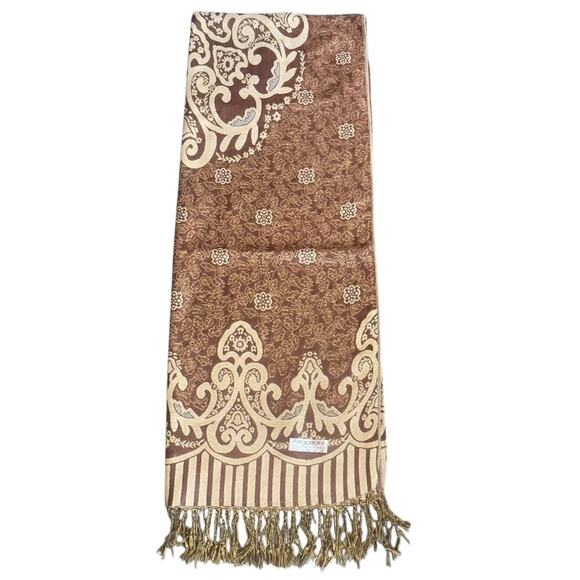 Cashmere Silk Pashmina Fringe Brown Gold Metallic - Picture 2 of 6